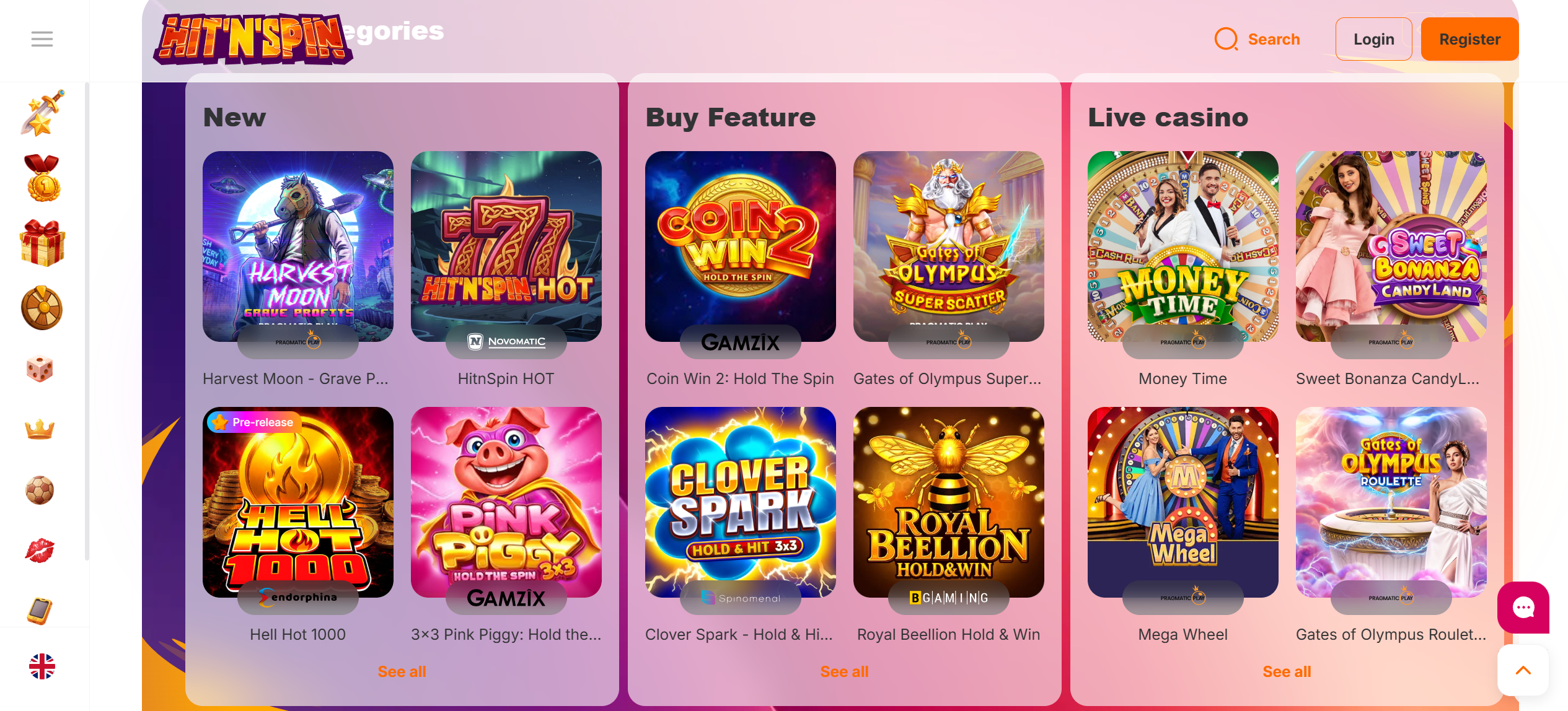 Hit'n&rsquo;Spin casino lobby